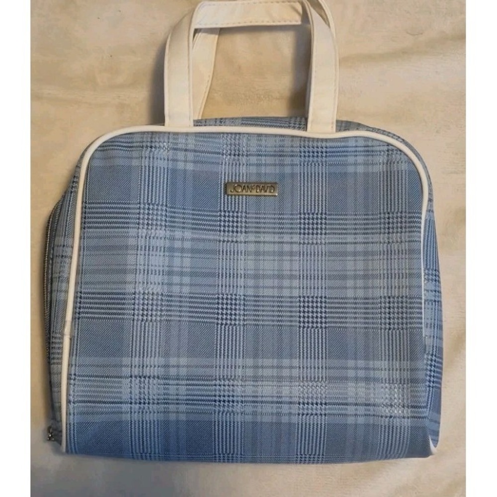 Joan & David Blue Plaid Tote Bag Vinyl Check Pattern Handbag - Picture 1 of 6